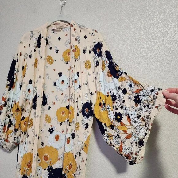 FREE PEOPLE Hidden Hills Maxi Duster Kimono Cardigan Floral Ivory - Picture 8 of 8